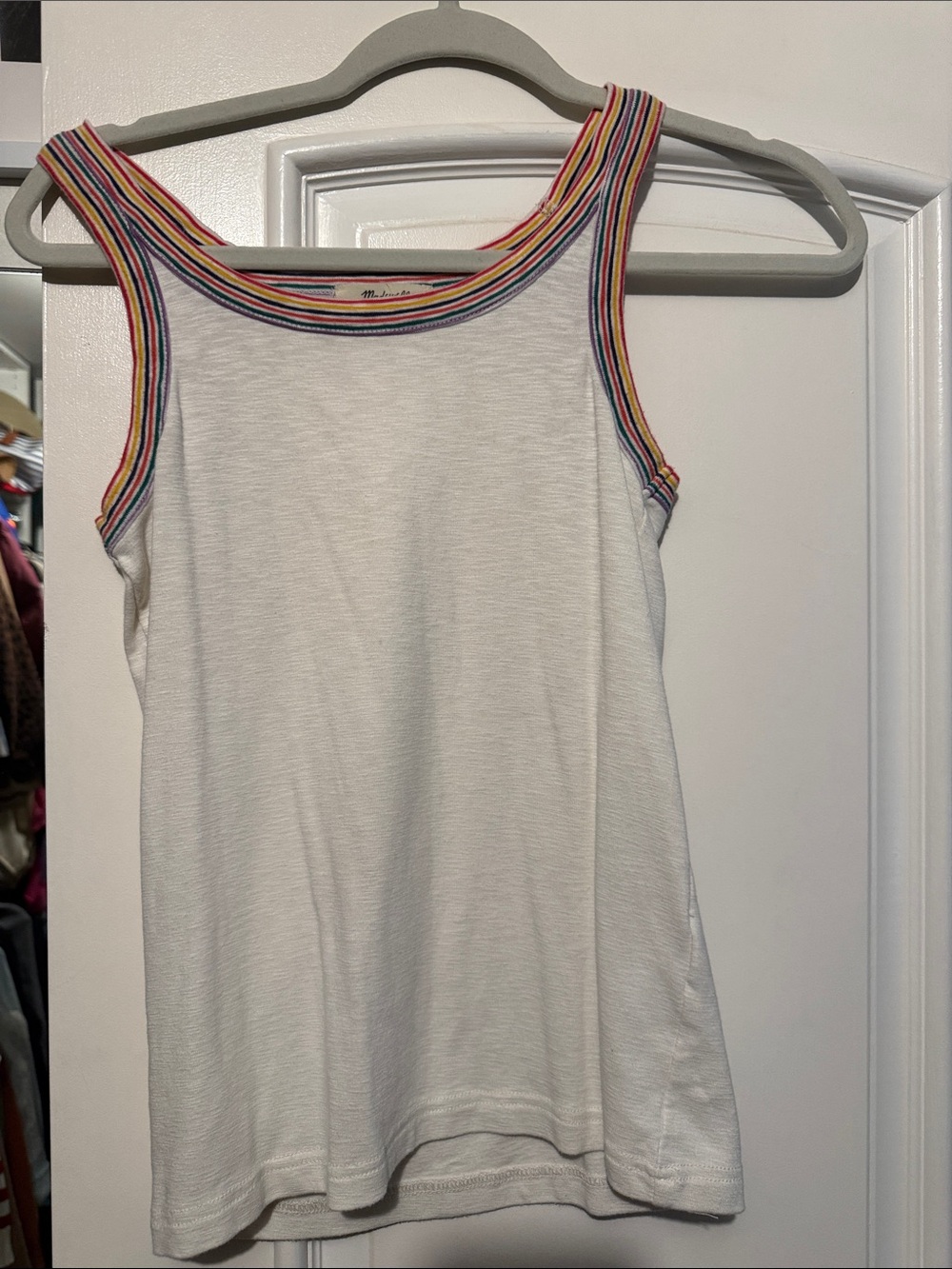 Madewell White Tank with Multicolor Rainbow Trim